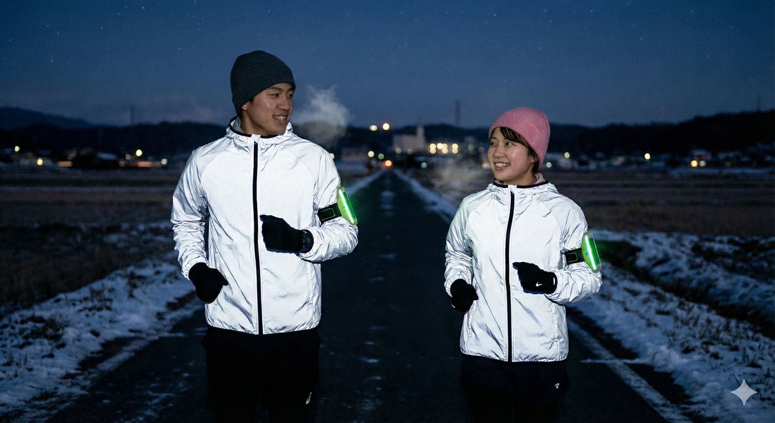 冬の夜にランニングする男女
